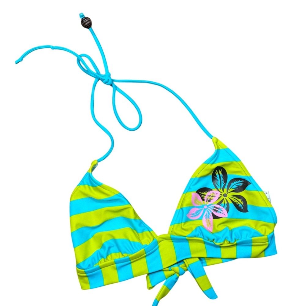 Y2K Arizona Jean Company Blue Lime Striped Floral Bikini Top Halter Size M